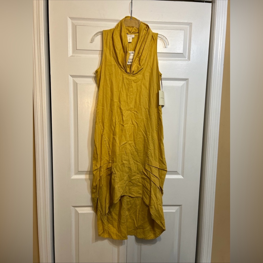 NWT Cynthia Crowley Dress Size S Small Yellow Linen Blend Lagenlook Cowl Neck